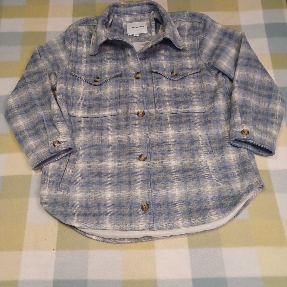 American Eagle Womens Size M Blue Plaid Shacket Oversized Lined